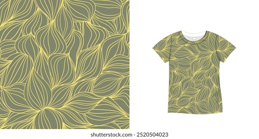 Camiseta con estampado floral. Jersey de las mujeres, kit de uniforme deportivo, top corto de moda, blusa de cuello redondo.  Ilustración de boceto. Maqueta de Plantilla.