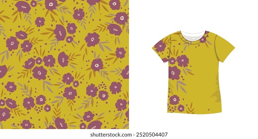 T-shirt with floral pattern. Women jersey, sport uniform kit, short fashion top, round neck blouse.  Sketch Illustration. Template mock up.