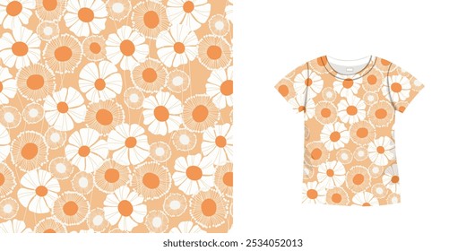 T-shirt with floral pattern. Women jersey, sport uniform kit, short fashion top, round neck blouse.  Sketch Illustration. Template mock up.