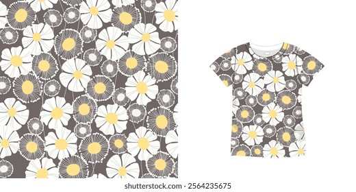 T-shirt with floral pattern. Women jersey, sport uniform kit, short fashion top, round neck blouse.  Sketch Illustration. Template mock up.