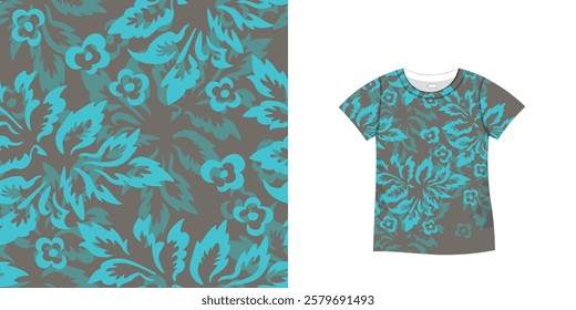 T-shirt with floral pattern. Women jersey, sport uniform kit, short fashion top, round neck blouse.  Sketch Illustration. Template mock up.