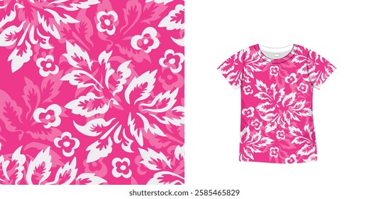 T-shirt with floral pattern. Women jersey, sport uniform kit, short fashion top, round neck blouse. Sketch Illustration. Template mock up.