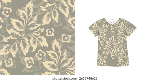 T-shirt with floral pattern. Women jersey, sport uniform kit, short fashion top, round neck blouse.  Sketch Illustration. Template mock up.