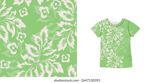 T-shirt with floral pattern. Women jersey, sport uniform kit, short fashion top, round neck blouse.  Sketch Illustration. Template mock up.