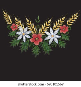 T-shirt flower in Ukrainian style.  Flower background. 
The Vector pattern flowers and spike of wheat for T-shirt design or outwear and or material.