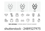 T-shirt, Footwear and bathrobe icons. Clothes line icons. Hoody sweatshirt, T-shirt with hanger and suit. Skirt, Women dress and high heels shoes. Socks, panties with bra and bathrobe. Vector