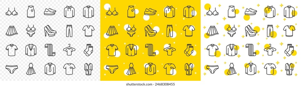 T-shirt, Footwear and bathrobe icons. Clothes line icons. Hoody sweatshirt, T-shirt with hanger and suit. Skirt, Women dress and high heels shoes. Socks, panties with bra and bathrobe. Vector