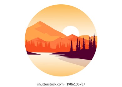 T-shirt forest mountains and natural lakes color brown and orange