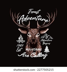 T-shirt forest wilderness adventure deer mountain retro style vintage