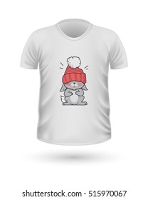 T-shirt front view with animals isolated on white. Realistic t-shirt vector in flat. Cartoon character rabbit in winter cloth. Casual wear. Cotton unisex polo outfit. Fashionable apparel
