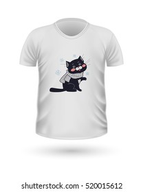 T-shirt front view with animals isolated on white. Realistic t-shirt vector in flat. Cartoon character cat in winter cloth. Casual wear. Cotton unisex polo outfit. Fashionable apparel