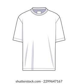 T-shirt front view fashion flat sketch for Tech Pack. Basic top for men and women and children, CAD drawing, black and white, vector graphics for garment production apparel brand, unisex, oversized