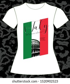 T-shirt, girl, Italy flag and coliseum, slogan lovely,  typography, vector, illustration text
