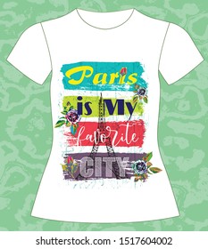 T-shirt, girl, paris my favorite city, slogan beautiful graphic design and cute floral graphic design print t-shirt and t shirt and text on fabric, typography, vector, illustration