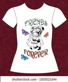 T-Shirt, girl, template,friend forever and butterflies Illustration text