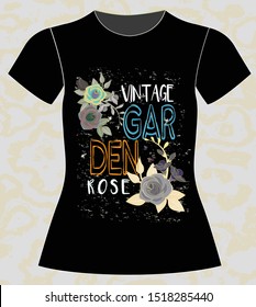 T-shirt, girl, vintage garden rose and slogan lovely graphic design and cute flowers graphic design print for tee and shirt and fabric, typography, vector, illustration text