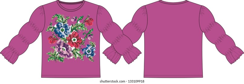 T-shirt for girls with print and embroidery (flower)