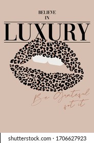 T-Shirt Graphic Artwork Vector with Lips Leopard pattern, quotes in type, Luxe Style Fashion Garment