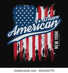 T-shirt Graphic Design With American Flag And Grunge Texture. New York Typography Shirt Design. Modern Poster And T-shirt Graphic Design. Vector