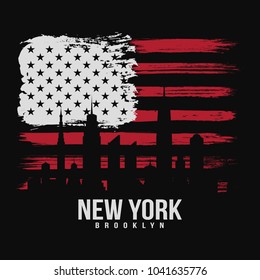 T-shirt graphic design with american flag and grunge texture. New York typography shirt design. Modern poster and t-shirt graphic design. Vector