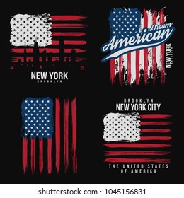 T-shirt graphic design with american flag and grunge texture. New York typography shirt design. Set of modern poster and t-shirt graphic design. Vector