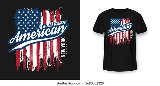 T-shirt graphic design with american flag and grunge texture. New York City typography t shirt and apparel design. Vintage and authentic print on t-shirt mockup. Vector