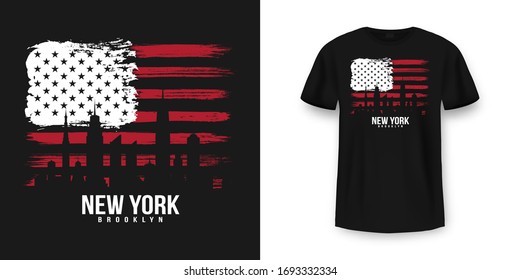 T-shirt graphic design with american flag and grunge texture. New York City typography t shirt and apparel design. Vintage and authentic print on t-shirt mockup. Vector