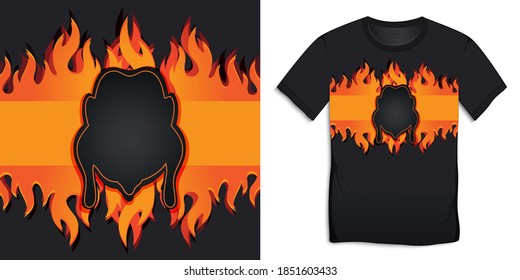 T-shirt graphic design black of with burning flames and BBQ chicken grill vector