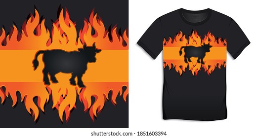 T-shirt graphic design black cow with burning flames and BBQ beef grill vector