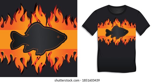 T-shirt graphic design black fish of with burning flames and BBQ carp grill vector