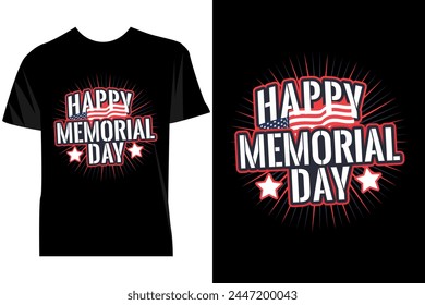 T-shirt with a graphic design celebrating Memorial Day showcases a bold American flag motif with fireworks in the background, accompanied by the greeting Happy Memorial Day in stylized fonts.