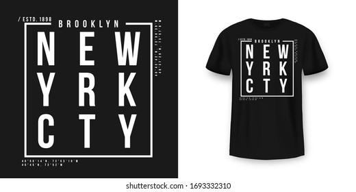 T-shirt graphic design in minimalistic style. New York City typography t shirt and apparel design. Urban and authentic print on t-shirt mockup. Vector