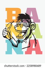 T-shirt graphic design. Monkey with a banana on a light gray background and colorful typography. Vector illustration.