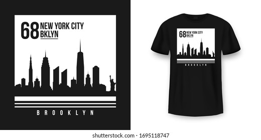 T-shirt graphic design with New York skyline silhouette in minimalist style. New York City typography t shirt and apparel design. Urban and authentic print on t-shirt mockup. Vector