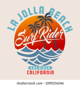 T-shirt graphic design with Palm trees and waves. Sunset with typography.