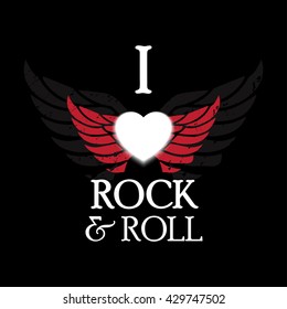  t-shirt graphic design, printed text: "i love rock & roll" in a black background, vector