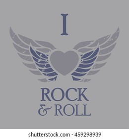  t-shirt graphic design, printed text: "i love rock & roll", vector