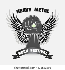 t-shirt graphic design, printed text: "heavy metal", black fist with the wings in a white background, vector