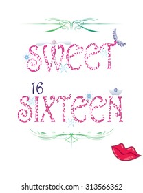 T-shirt graphic design with "Sweet sixteen 16" quote - Vector and illustration
