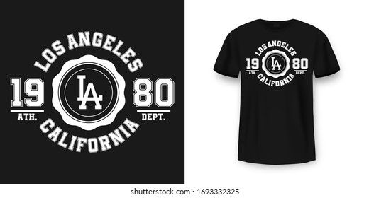 T-shirt graphic design in varsity style. Los Angeles California typography t shirt and apparel design. College style print on t-shirt mockup. Vector