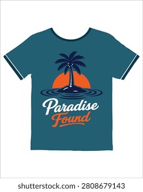 A tshirt graphic displays a palm tree on an island with a sunset and the words Paradise Found