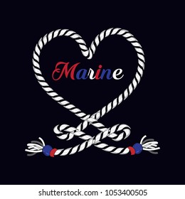 T-shirt graphic print nautical marine anchor in heart from rope theme the ocean spirit serigraphy stencil cool vector design classic vintage template on navy