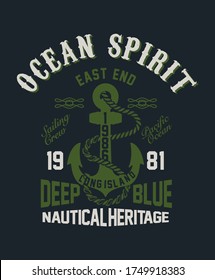 
T-Shirt grafische Druck nautische Marine Thema der Ozean Geist serigraphy stencil coole Vektordesign klassische Vintage-Vorlage
