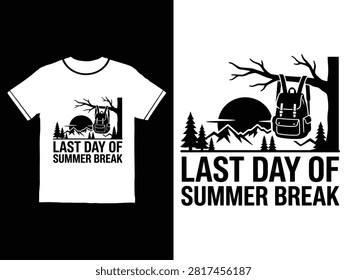 Tshirt graphic shows camping scene with backpack and moon for last day of summer break