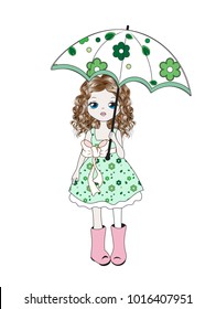 T-shirt, Graphics Cute girl in a dress with flowers and an umbrella, in rubber boots
