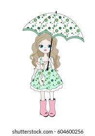 for T-shirt, Graphics Cute girl in a dress with flowers and an umbrella, in rubber boots