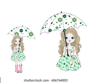 T-shirt, Graphics Cute girl in a dress with flowers and an umbrella, in rubber boots