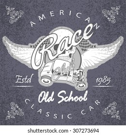 t-shirt graphics. Race club. Hot rod, old school classic car