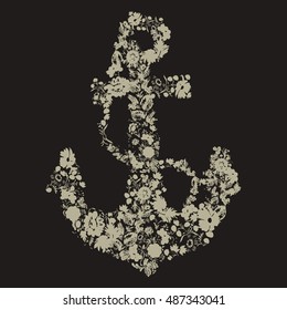 T-shirt graphics, typography. Anchor of flowers. Vector.