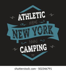 T-shirt graphics, typography. The blue emblem of NY athletic camp. Vector.